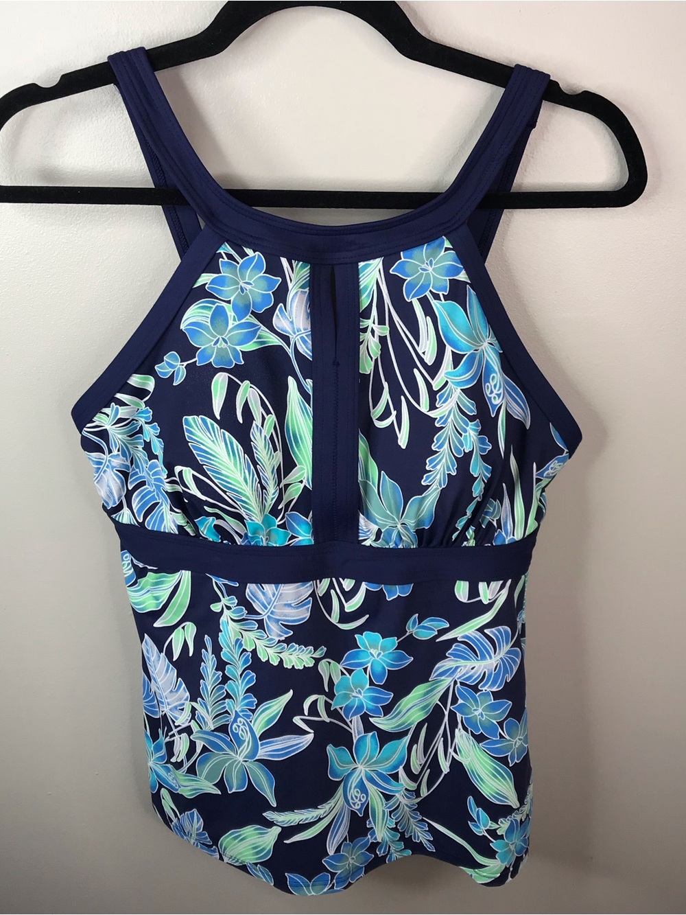 Lands' End Navy Floral Tankini Top with Aqua and Light Blue Prints Sz 8 DD
